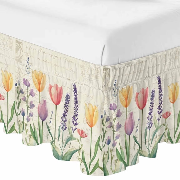 Spring Floral Bed Skirt Queen Size 16 Inch Drop, Adjustable & Elastic Wrap Around Bed Skirts Pleated Dust Ruffles For Twin Full Queen Cal King Base Beds, Summer Colorful Tulip Botanical Vintage