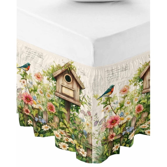 Spring Floral Bed Skirt Queen Size 16 Inch Drop, Wrap Around Bed Skirts, Birds Cabin Daisy Watercolor Botanical Farmhouse Elastic Bedskirt Pleated Bed Frame Cover Luxurious Dust Ruffle for Queen Bed