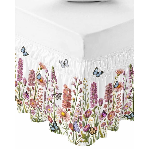 Spring Floral Bed Skirt Queen Size 16 Inch Drop, Wrap Around Bed Skirts, Watercolor Lavender Daisy Butterflies Botanical Elastic Bedskirt Pleated Bed Frame Cover Luxurious Dust Ruffle for Queen Bed