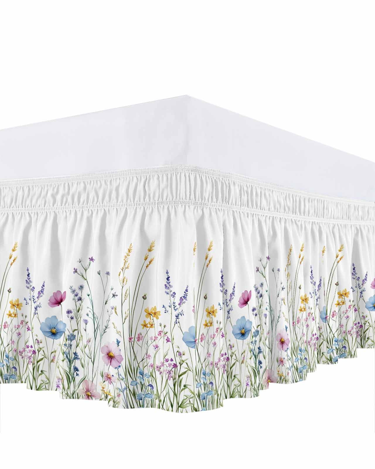 Spring Floral Bed Skirt Queen Size, Colorful Botanical Wildflower Summer Wrap Around Bed Skirting with Adjustable Elastic Strap, Dust Ruffle Pleated Bedskirts 16 Inch Drop for Bedroom Queen Beds