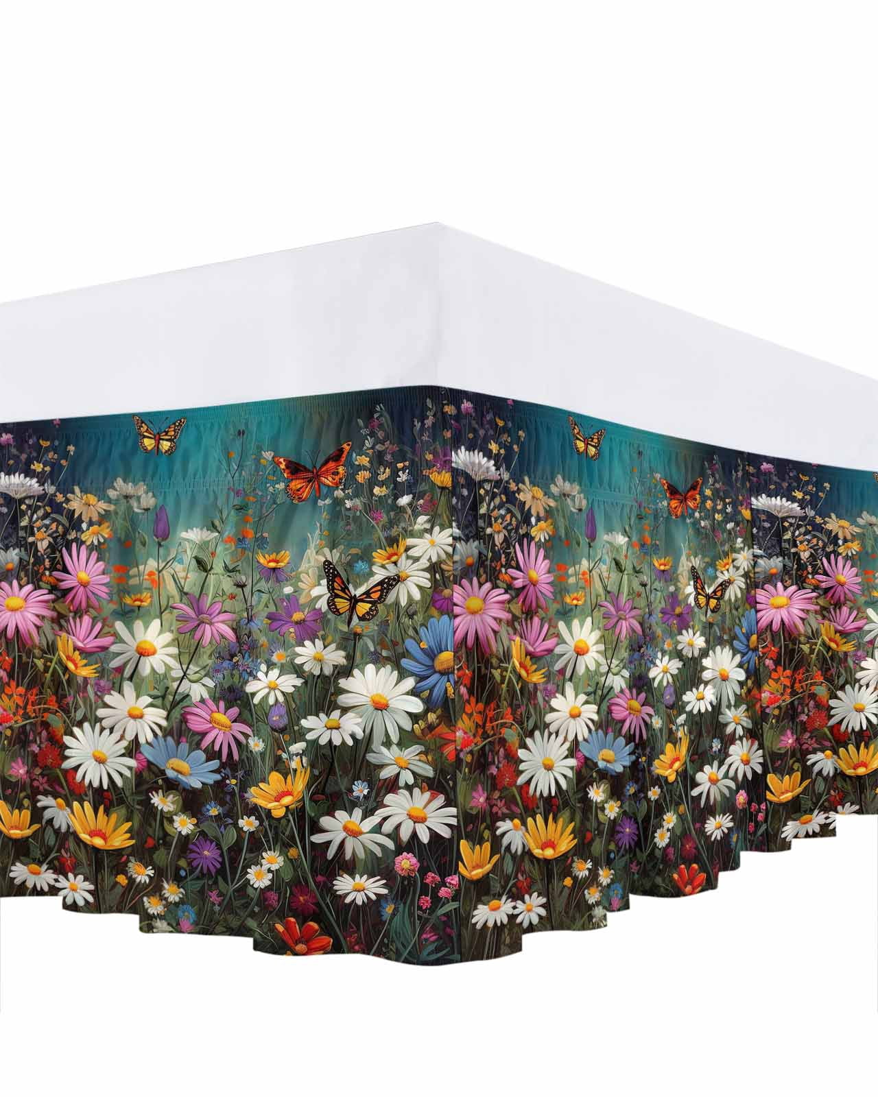 Spring Floral Bed Skirt Queen Size, Colorful Daisy Summer Botanical Butterfly Wrap Around Bed Skirting with Adjustable Elastic Strap, Dust Ruffle Pleated Bedskirts 16 Inch Drop for Bedroom Queen Beds