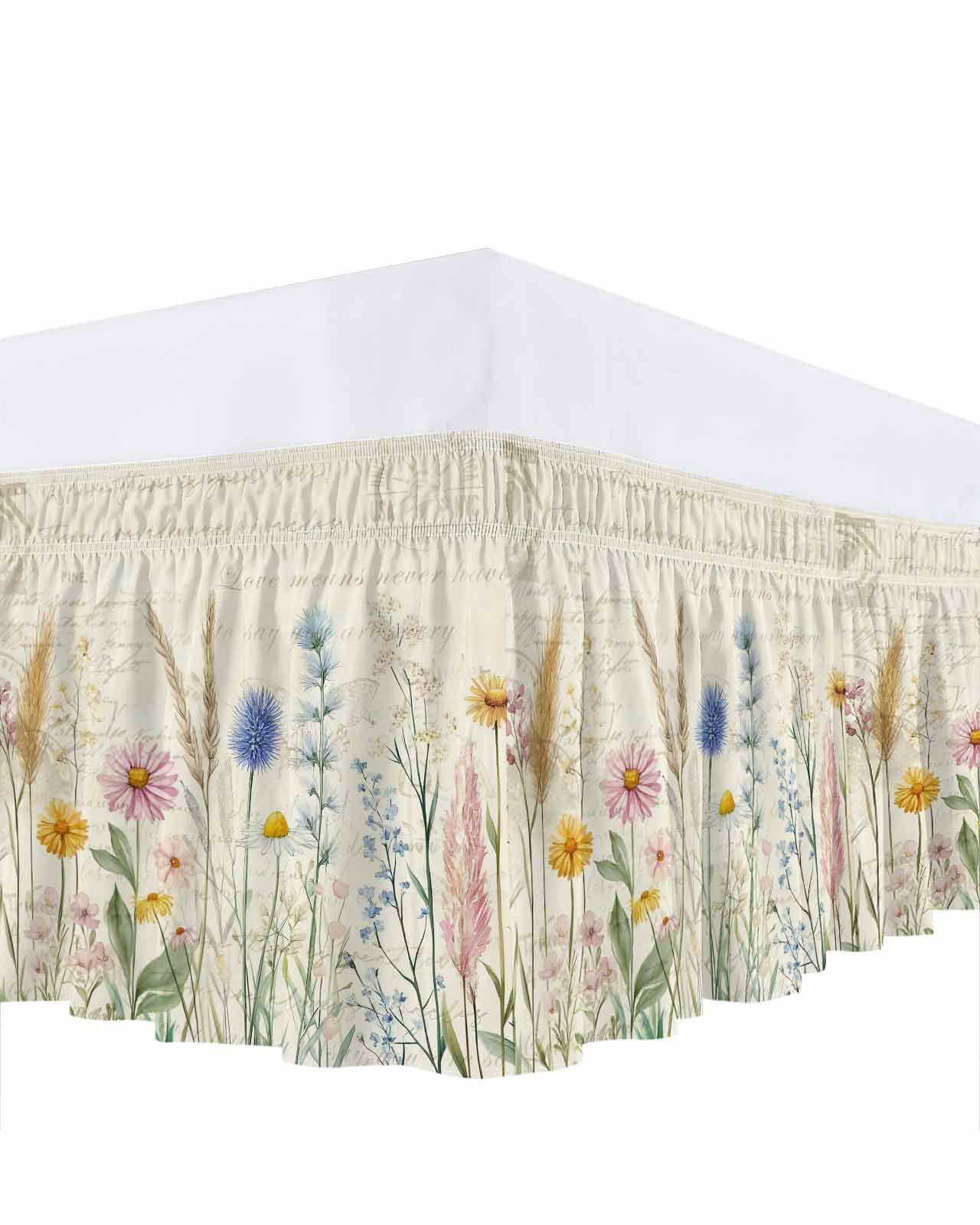 Spring Floral Bed Skirt Queen Size, Summer Flower Botanical Farmhouse Wrap Around Bed Skirting with Adjustable Elastic Strap, Dust Ruffle Pleated Bedskirts 16 Inch Drop for Bedroom Queen Beds