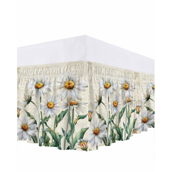 Spring Floral Bed Skirt Queen Size, Vintage Summer Botanical White Daisy Wrap Around Bed Skirting with Adjustable Elastic Strap, Dust Ruffle Pleated Bedskirts 16 Inch Drop for Bedroom Queen Beds