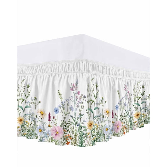 Spring Floral Bed Skirt Queen Size, Wildflowers Herbs Summer Botanical Wrap Around Bed Skirting with Adjustable Elastic Strap, Dust Ruffle Pleated Bedskirts 18 Inch Drop for Bedroom Queen Beds