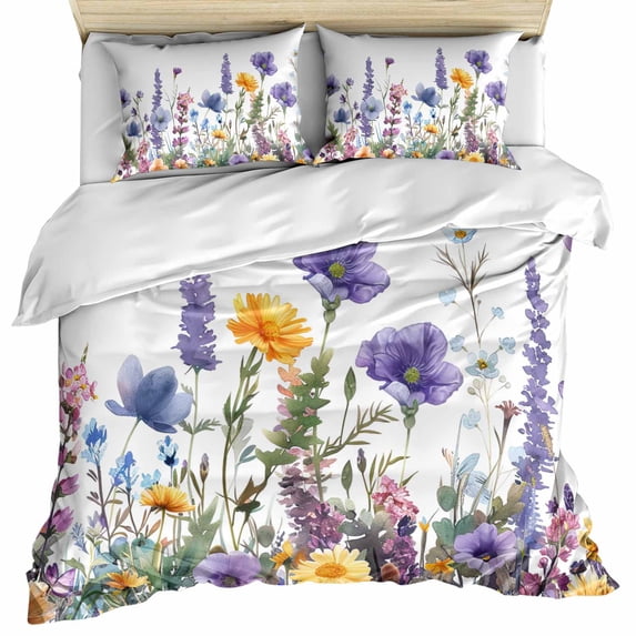 Spring Floral Bedding 3 Piece Duvet Cover Set California King, Purple Flowers Colorful Summer Botanical Soft Microfiber Comforter Cover with Zipper Closure & Pillowcases, FadeResistant Quilt Cover