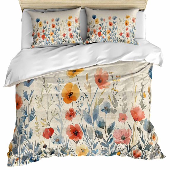 Spring Floral Bedding 3 Piece Duvet Cover Set Twin Size, Watercolor Elegant Summer Botanical Rustic Soft Microfiber Comforter Cover with Zipper Closure & Pillowcases, FadeResistant Quilt Cover