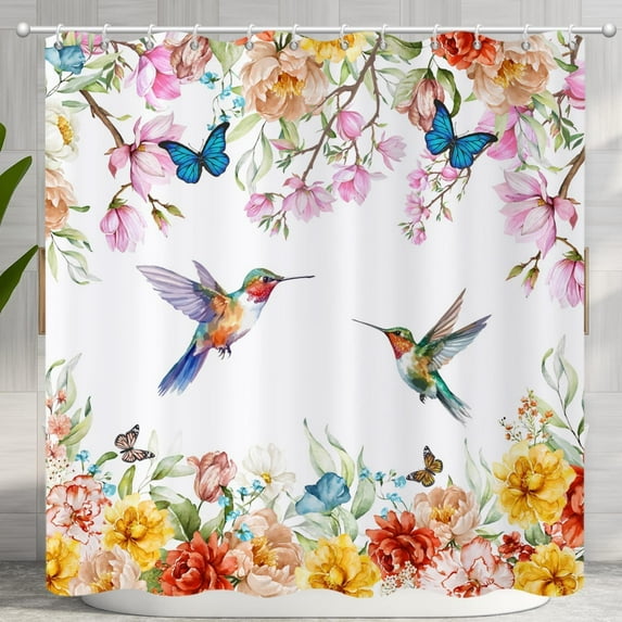 Spring Floral Bird Shower Curtain, Colorful Watercolor Blossom Flowers Hummingbird Butterflies Bathroom Curtain Waterproof Fabric Machine Washable with Hooks, 72" Wx84 L