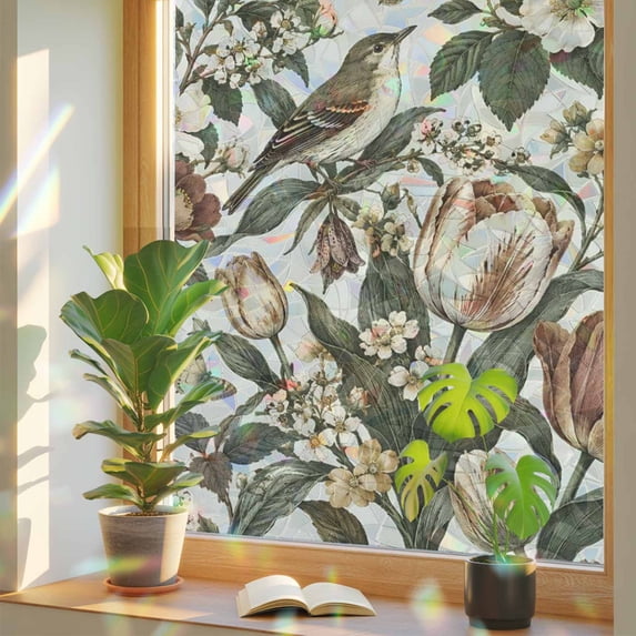 Spring Floral Bird Window Privacy Film, Vintage Cottagecore Tulip Bird ...