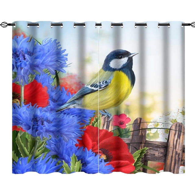 Spring Floral Birds Curtains,Modern Farmhouse Blue Red Flower Bird