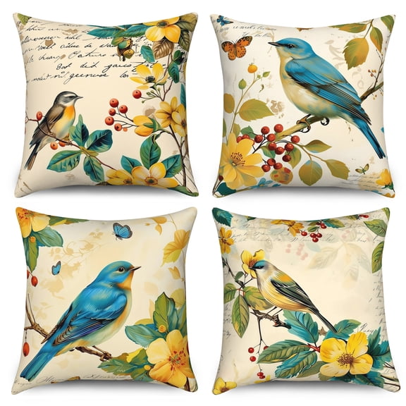 Spring Floral Birds Pillow Cover 16x16 Inch,Set of 4 Farmhouse Cushion Cases for Couch Sofa Bed Home Decor