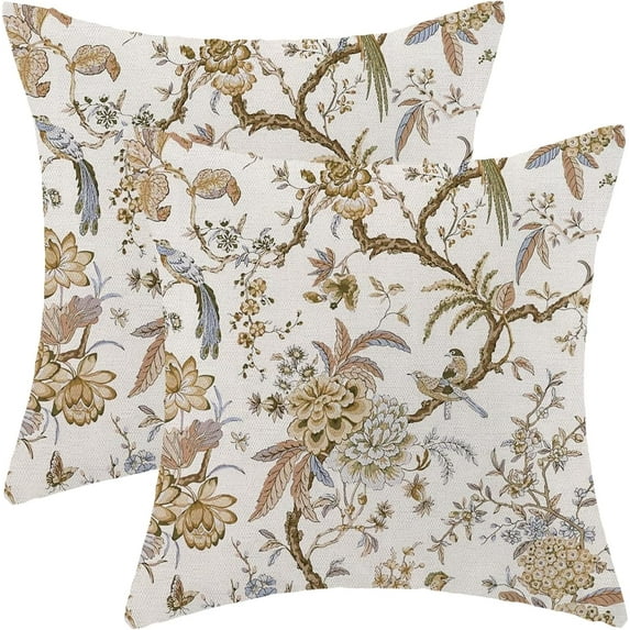 Spring Floral Birds Pillow Covers 16 x 16 Inch Set of 2 for Chinoiserie Flowers Decor Throw Pillows Brown and White Plant Outdoor Decorative Cushion Cases for Couch Bed Decorations