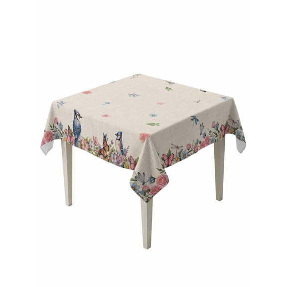 Spring Floral Birds Table Cloth, Waterproof Tablecloth for Square Tables, Butterflies Daisy Farmhouse Flowers Reusable Washable Fabric Table Cover for Restaurant Kitchen Dining Tables 54"x54"