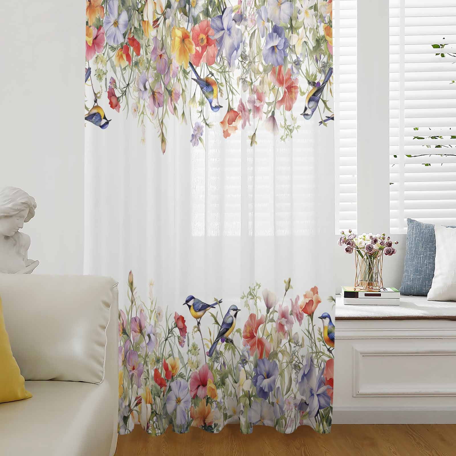 Spring Floral Birds Window Curtain 72 Inches Long,Vintage Botanical ...