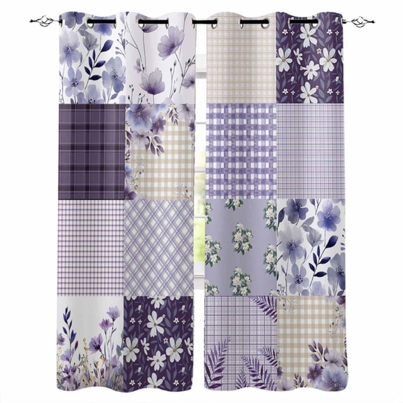 Spring Floral Black Out Curtains 84 Inch Long for Living Room, Dark Purple Flowers Patchwork Grid Bohemia Blackout Curtain Shade Thermal Insulated Window Curtains Grommet Drapes 42"x84" 2 Panels