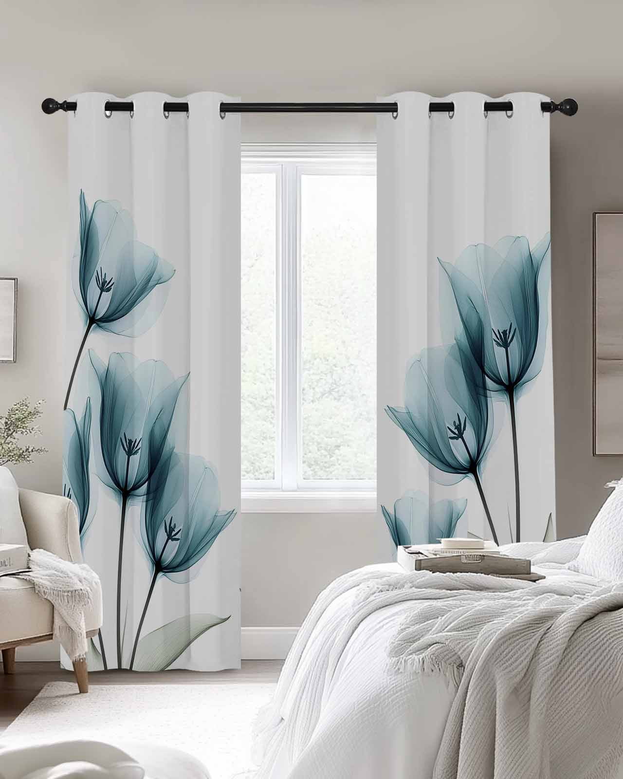 Spring Floral Blackout Curtains 2 Panels Teal Green X-ray Tulip Looming ...