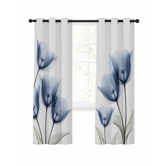 Spring Floral Blackout Curtains 45 Inch Length Blue X-ray Tulip Looming Flower Leaf Modern Thermal Insulated Window Curtain Window Drapes 2 Panels for Bedroom Living Room 52"Wx45"L