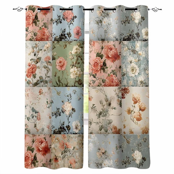 Spring Floral Blackout Curtains 54 Inches Long for Bedroom,Elegant Checkered Summer Botanical Farmhouse Thermal Insulated Room Darkening Black Out Window Curtain Panels Grommet Drapes for Living Room