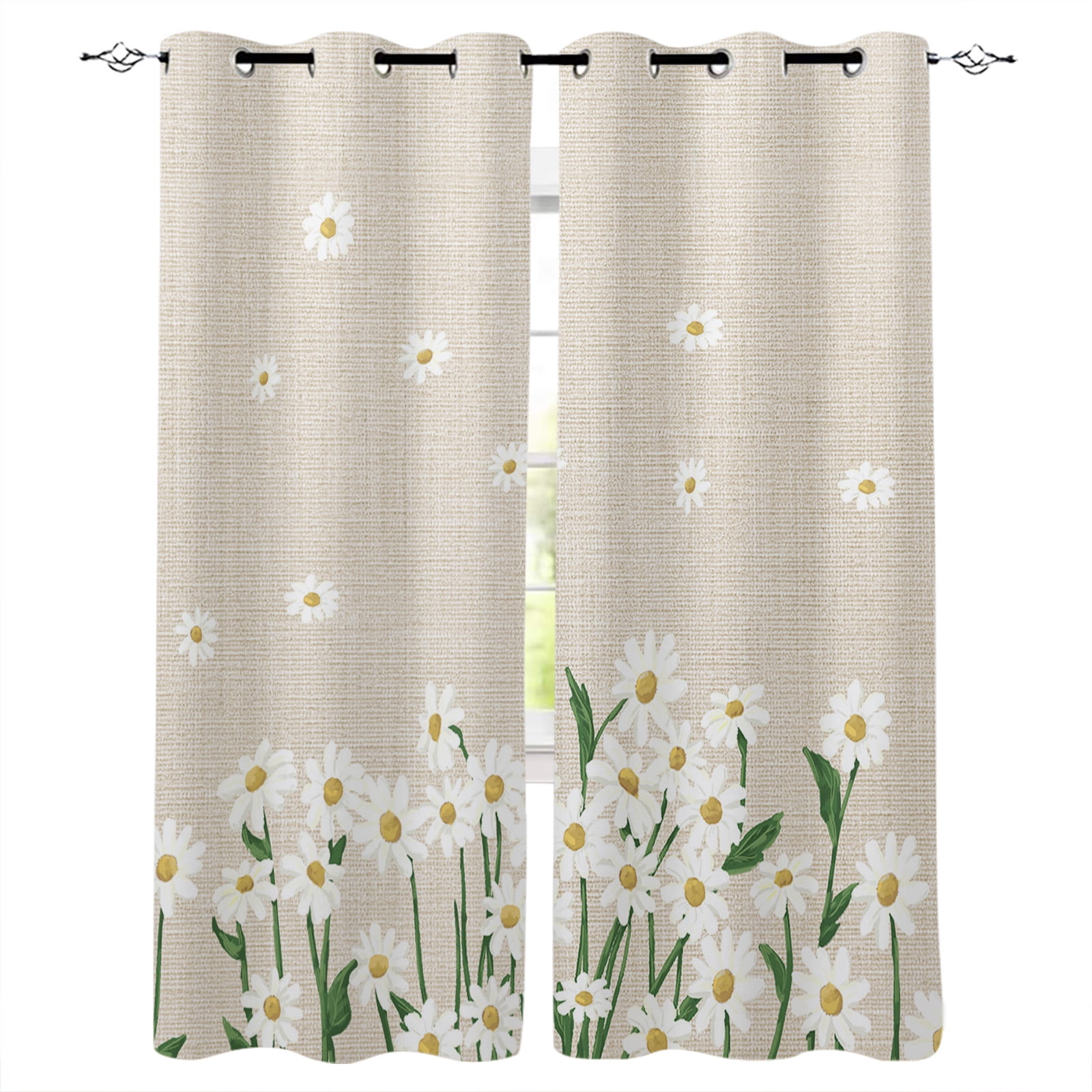Spring Floral Blackout Curtains 54 Inches Long, White Daisy Farmhouse Linen Texture Thermal Insulated Black Out Curtains, Darkening Window Curtain Drapes for Bedroom Living Room 45"x54" 2 Panels