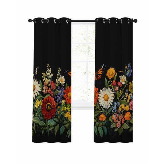 Spring Floral Blackout Curtains 63 Inch Length Rustic Watercolor Colorful Flowers Butterfly Green Leaf Black Thermal Insulated Window Curtain Window Drapes 2 Panels for Bedroom Living Room 52"Wx63"L