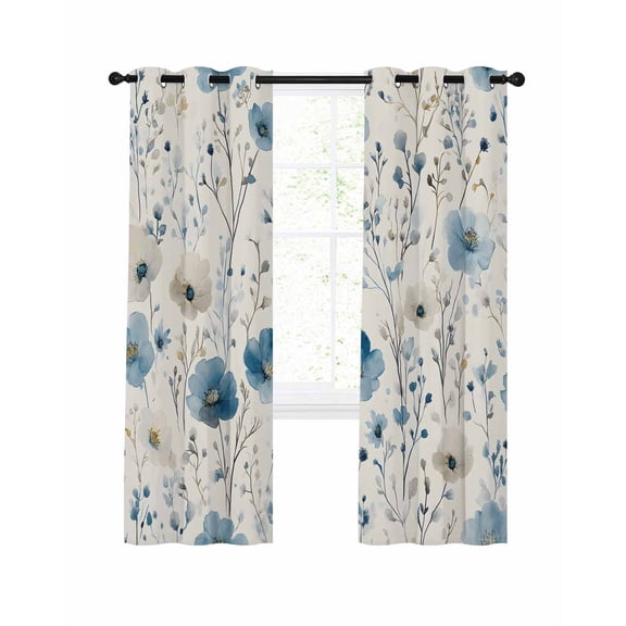 Spring Floral Blackout Curtains 63 Inch Length off White Lake Blue Flower Leaves Vintage Thermal Insulated Window Curtain Window Drapes 2 Panels for Bedroom Living Room 42"Wx63"L