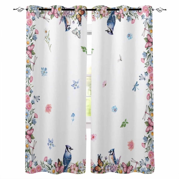 Spring Floral Blackout Curtains for Bedroom Living Room Darkening Curtains 84 Inch Length 2 Panels Set Watercolor Flower Butterflies Birds Plant Window Curtain Window Treatment Grommet Drapes 52"x84"