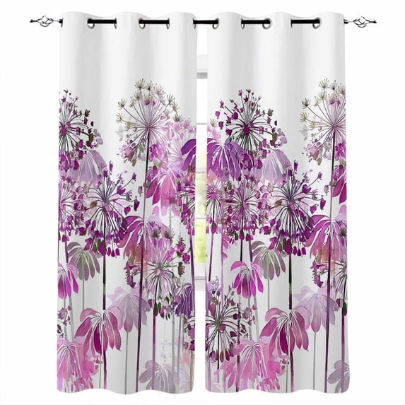 Spring Floral Blackout Curtains for Bedroom/Living Room, Thermal Insulated Kitchen Curtains, Pink Onion Dandelion Flowers Botanical Grommet Darkening Window Treatment Drapes 52"x72"x2