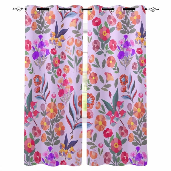 Spring Floral Blackout Curtains for Bedroom/Living Room, Thermal Insulated Kitchen Curtains, Retro Watercolor Flowers Leaves Plants Purple Grommet Darkening Window Treatment Drapes 52"x84"x2