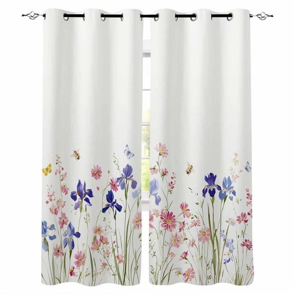 Spring Floral Blackout Curtains for Bedroom, Watercolor Summer Botanical Flowers Thermal Insulated Kitchen Drapes with Grommets, Light Blocking Window Treatment, 2 Panels 52" x 45"