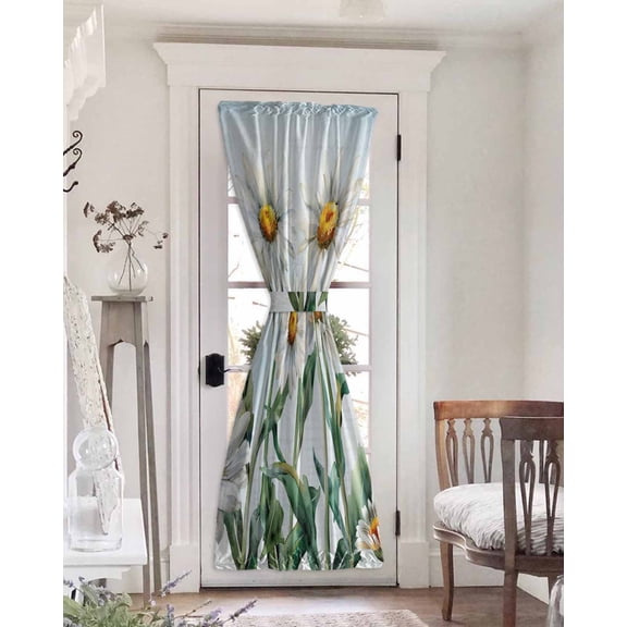 Spring Floral Blackout Curtains, French Door Curtains for Door Window, Watercolor Summer Botanical White Daisy Privacy Drapery for Patio/Sidelight Doors, 1 Panel with Tieback, 25 x 72 Inches