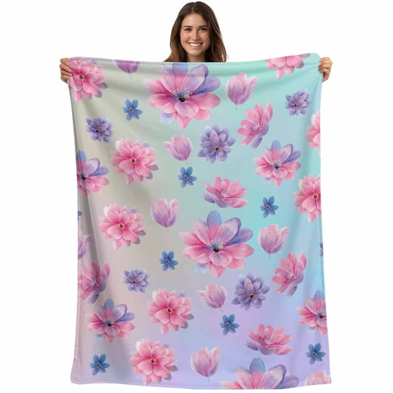 Spring Floral Blanket Soft Cozy Warm Throw Blanket for Couch, Plush Fuzzy Flannel Fleece Blankets for Sofa, Purple Pink Blue Flower Summer Botanical Bed Blankets Lightweight Gifts for Women, 50"x60"