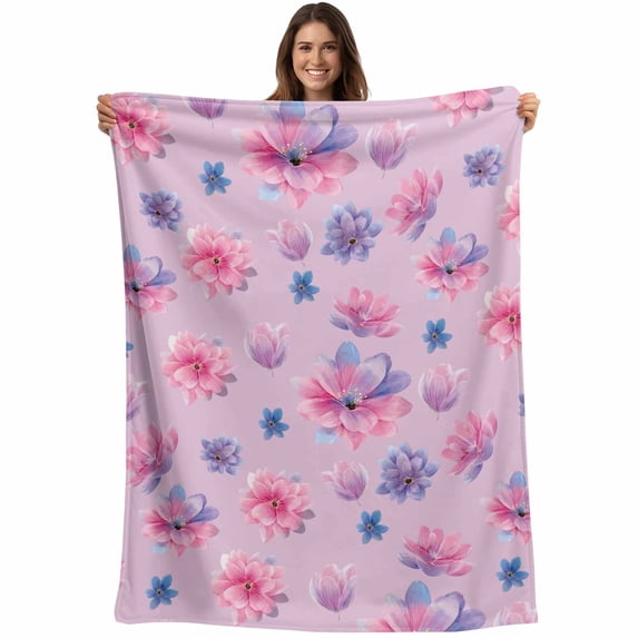 Spring Floral Blanket Soft Cozy Warm Throw Blanket for Couch, Plush Fuzzy Flannel Fleece Blankets for Sofa, Summer Botanical Purple Pink Flower Bed Blankets Lightweight Gifts for Women, 50"x80"