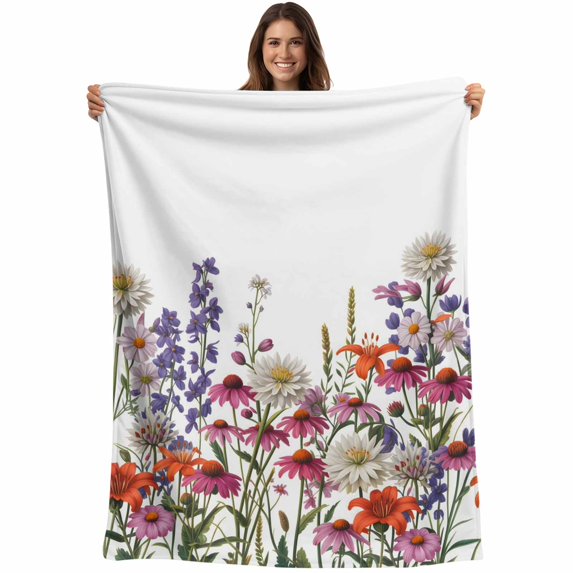Spring Floral Blanket Soft Cozy Warm Throw Blanket for Couch, Plush Fuzzy Flannel Fleece Blankets for Sofa, Watercolor Daisy Lily Lavender Plants Garden Bed Blankets Gifts for Men, 50"x80"