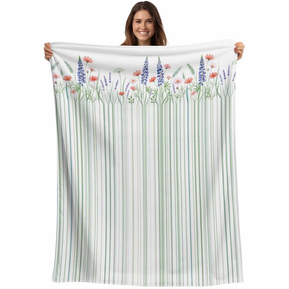 Spring Floral Blanket Soft Cozy Warm Throw Blanket for Couch, Plush Fuzzy Flannel Fleece Blankets for Sofa, Watercolor Flowers Green Lines Minimalist Bed Blankets Lightweight Gifts for Women, 30"x40"