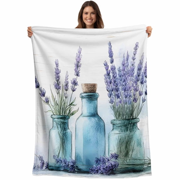 Spring Floral Blanket Soft Cozy Warm Twin Blanket for Bed, Plush Fuzzy Flannel Fleece Blankets for Sofa, Botanical Watercolor Lavender Flower Vase Throw Blankets for Couch, Gifts for Men, 60"x80"