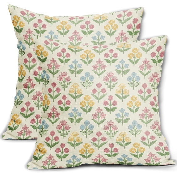 Spring Floral Block Print Pillow Covers 18x18 Inch Set of 2, Easter Decoration Pink Yellow Blue Flower Decorative Throw Pillowcases Outdoor Farmhouse Cushion Covers Holiday Sofa Couch Bed Decor