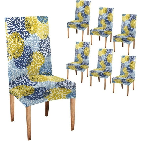 Spring Floral Blue Yellow and Navy Chair Covers Chrysanthemum Flowers Slipcovers for Chairs Set of 6 Stretch Removable Washable Slipcovers for Dining Room Hotel Kitchen