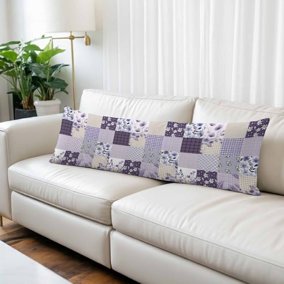 Spring Floral Body Pillow Covers 20"x54", Dark Purple Flowers Patchwork Grid Bohemia Soft Brushed Microfiber Breathable Throw Pillow Covers, Pillowcase with Zipper for Couch Sofa Bedroom Living Room