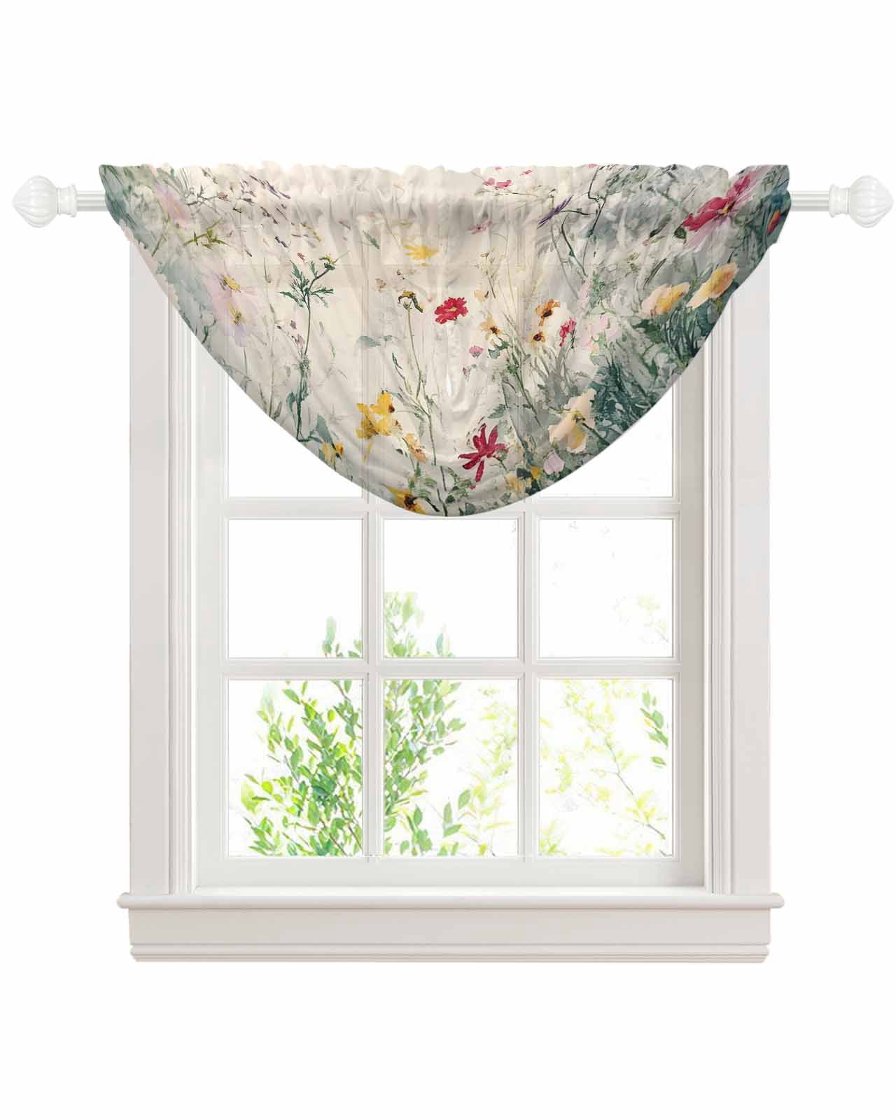 Spring Floral Botanical Sheer Waterfall Valance Curtains for Window ...