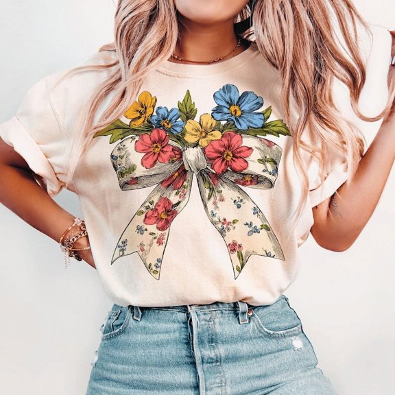 Spring Floral Bow T-Shirt, Coquette Daisy Flower Tee, Wildflower Aesthetic Shirt, Pastel Spring Graphic T-Shirt