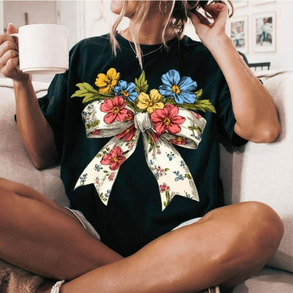 Spring Floral Bow T-Shirt, Coquette Daisy Wildflower Tee, Aesthetic Spring Shirt, Pastel Floral Graphic T-Shirt