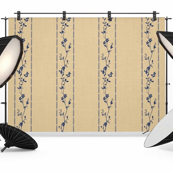 Spring Floral Branch Backdrop for Photography, Navy Flower Leaf Vintage Linen Striped Photo Backdrop Portrait Background Party Banner Photo Backgrounds for Studio Booth Props, 12x8ft