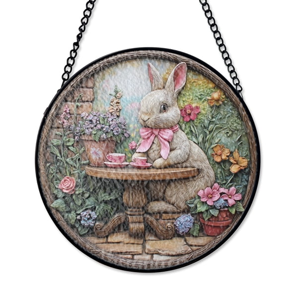 Spring Floral Bunny Tea Party Easter Stained Glass Suncatcher Kids Spring Garden Gift