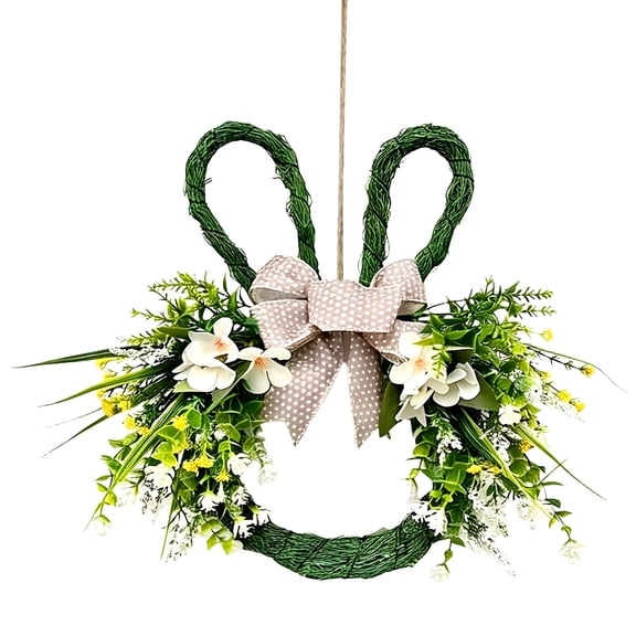 Easter Bunny Wreaths for Front Door Artificial Floral Easter Eggs Rabbit Shaped Grapevine Wreath Spring Holiday Decorations for Wall Window Porch Indoor Outdoor Farmhouse Home Party Decor (Greenery)