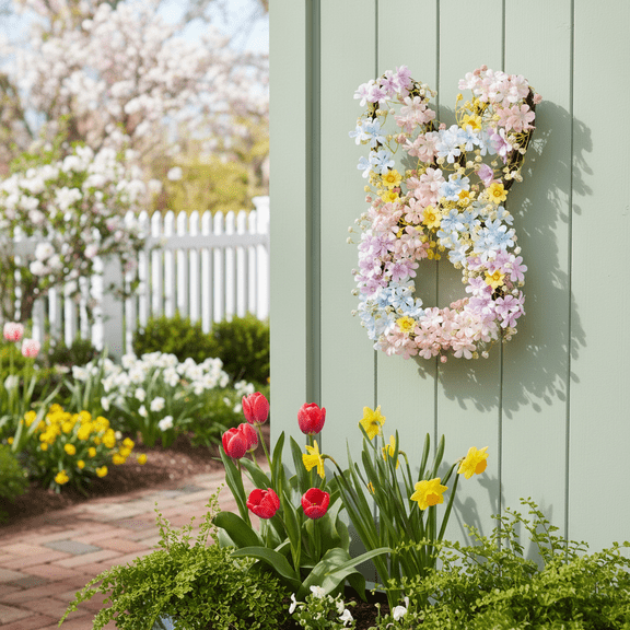 Easter Lighted Bunny Shape Spring Flower Wreath - Battery Operated