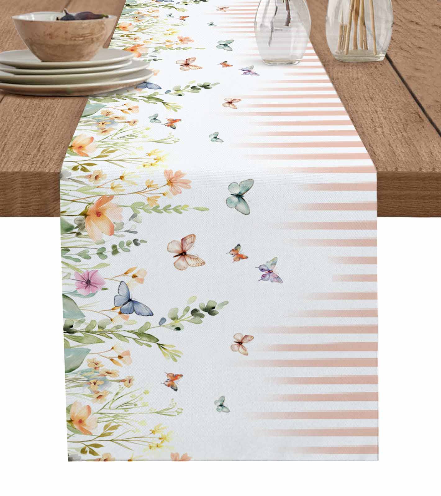 Spring Table Runner 108 Spring Floral Burlap-Cotton Table Runner 108 Inches Long,Pink Striped ...