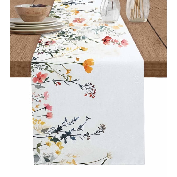 Spring Floral Burlap Cotton Table Runner 13x36 Inches Short, Botanical Summer Flower Farmhouse Table Runners, Outdoor Dining Tablecloths Decor for Baby Shower/Party/Wedding