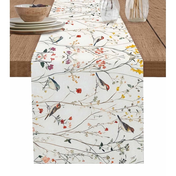 Spring Floral Burlap Cotton Table Runner 13x36 Inches Short, Summer Birds Botanical Country Farmhouse Table Runners, Outdoor Dining Tablecloths Decor for Baby Shower/Party/Wedding