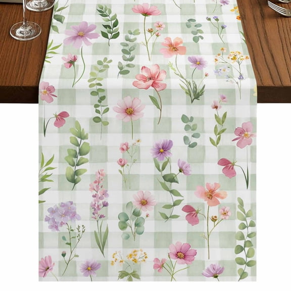 Spring Floral Burlap Cotton Table Runner 13x48 Inches Long, Pink Flowers Green Plaid Pastoral Farmhouse Table Runners, Outdoor Dining Tablecloths Decor for Baby Shower/Party/Wedding