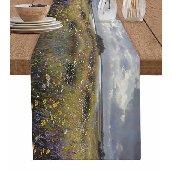 Spring Floral Burlap Cotton Table Runner 13x60 Inches Long, Modern Oil Painting Farmhouse Farmhouse Table Runners, Outdoor Dining Tablecloths Decor for Baby Shower/Party/Wedding