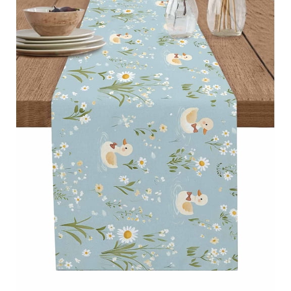 Spring Floral Burlap Cotton Table Runner 13x60 Inches Long, White Daisy Duck Greenery Blue Farmhouse Table Runners, Outdoor Dining Tablecloths Decor for Baby Shower/Party/Wedding